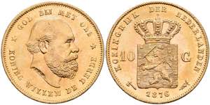 Niederlande 10 Gulden, Gold, 1876, Wilhelm ... 