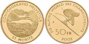 Schweiz 50 Franken, Gold, 2003, World Ski ... 