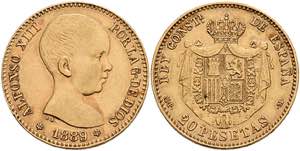 Spanien 20 Pesetas, Gold, 1889, Alfonso ... 