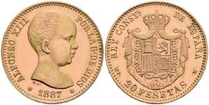 Spanien 20 Pesetas, Gold, 1887 (19-62), ... 
