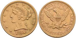 USA 5 Dollars, Gold, 1880, Philadelphia, Fb. ... 