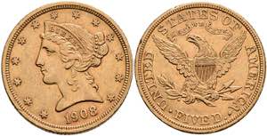 USA 5 Dollars, Gold, 1908, Philadelphia, Fb. ... 