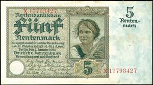 Banknoten Deutsche Rentenbank, 5 Rentenmark ... 