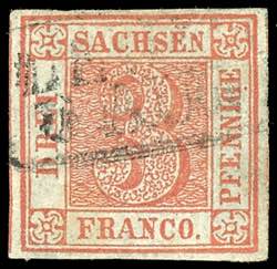 Saxony 3 Pfg red, plate II, type 14, large ... 