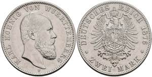 Württemberg 2 Mark, 1876, Karl, extremley ... 