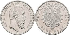 Württemberg 5 Mark, 1876, Karl, tiny edge ... 