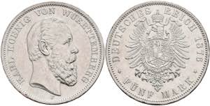 Württemberg 5 Mark, 1876, Karl, tiny edge ... 