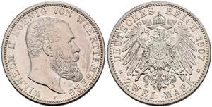 Württemberg 2 Mark, 1907, Wilhelm II., st. ... 