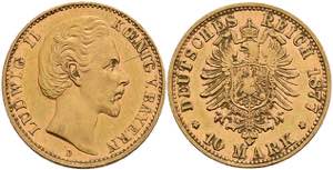 Bavaria 10 Mark, 1877, Ludwig II., very fine ... 