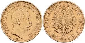 Hesse 20 Mark, 1874, Ludwig III., small edge ... 