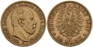 Prussia 20 Mark, 1887, Wilhelm I., ss. J. 246