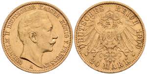 Prussia 20 Mark, 1909, J, Wilhelm II., edge ... 