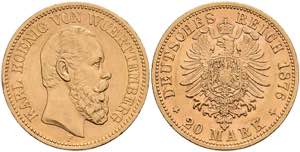 Württemberg 20 Mark, 1876, Karl, kl. Rf., ... 