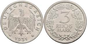 Münzen Weimar 3 Reichsmark, 1931, A, vz-st. ... 