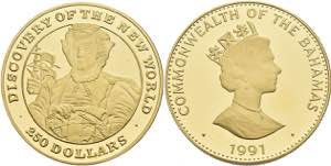 Bahamas 250 Dollars, Gold, 1991, Columbus ... 