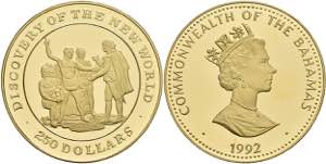 Bahamas 250 Dollars, Gold, 1992, Columbus ... 