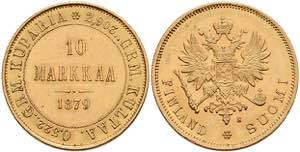 Finland 10 Markkaa, Gold, 1879, Alexander ... 
