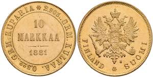 Finland 10 Markkaa, Gold, 1881, Alexander ... 