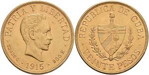 Cuba 20 Peso, Gold, 1915, Fb. 1, small edge ... 