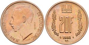 Luxembourg 20 Franc, bronze, 1980, Jean, ... 