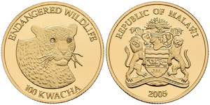 Malawi 100 Kwacha, Gold, 2005, leopard, PP.