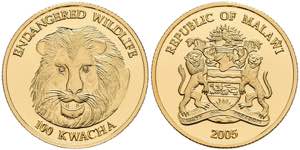 Malawi 100 Kwacha, Gold, 2005, lion, PP.