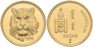 Mongolia 1000 Tugrik, Gold, 1999, tiger, Fb. ... 