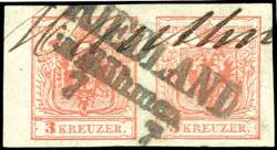 Austria 3 kreuzer pale red, machine paper ... 