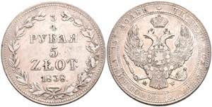 Polen 3/4 Rubel (5 Zloty), 1838, Nikolaus ... 