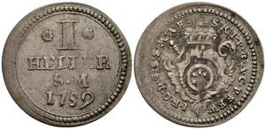 Coins 1 Heller (silver strike), 1759, Johann ... 