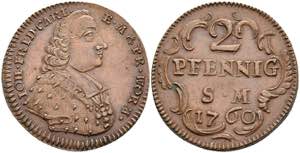 Coins 2 penny, 1760, Johann Friedrich Karl ... 