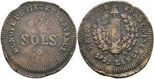 Coins 2 Sols (6, 12 g), 1793, embossed under ... 