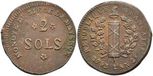 Coins 2 Sols (7, 94 g), 1793, embossed under ... 