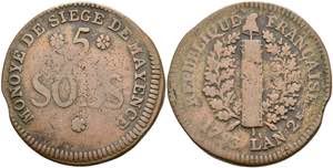 Coins 5 Sols (12, 88 g), 1793, embossed ... 