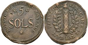 Münzen 5 Sols (22,79g), 1793, geprägt ... 