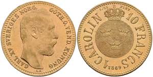 Sweden Carolin to 10 Franc, Gold, 1869, Karl ... 