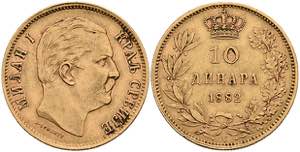 Serbien 10 Dinara, Gold, 1882, Milan I., Fb. ... 