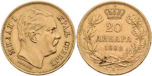 Serbien 20 Dinara, Gold, 1882, Milan I., Fb. ... 