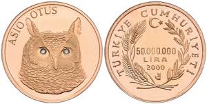 Turkey 50.000.000 lira, Gold, 2000, owl, Fb. ... 