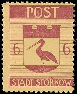 Storkow 6 Pf. Stadtwappen rötlich lila, ... 
