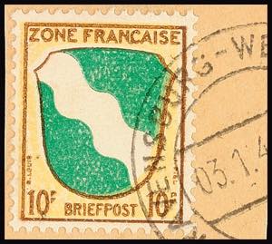 French Zone 10 Pfg generally issue on piece, ... 