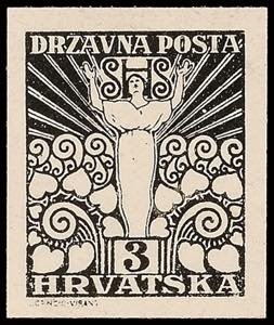 Jugoslavia 3 F. Postal stamp, trial printing ... 