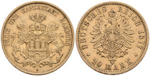 Hamburg 20 Mark, 1877, kl. Rf., kl. Kr., ss. ... 
