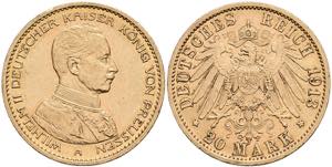 Prussia 20 Mark, 1913, Wilhelm II. In guard ... 
