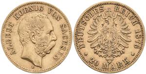 Sachsen 20 Mark, 1876, Albert, kl. Rf., ss. ... 