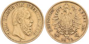 Württemberg 20 Mark, 1872, Karl, kl. Rf., ... 