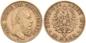 Württemberg 10 Mark, 1878, Karl, ss. J. 292.