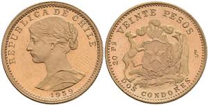 Chile 20 Peso, Gold, 1959, freedom, Fb. 56, ... 