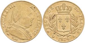 France 20 Franc, Gold, 1814, Louis XVIII, A ... 