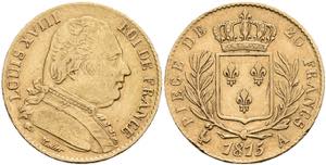 France 20 Franc, Gold, 1815, Louis XVIII, A ... 